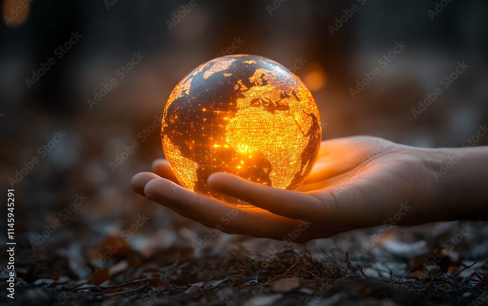 Poster hand hovering over a glowing digital globe, symbolizing global connectivity, data management, and te