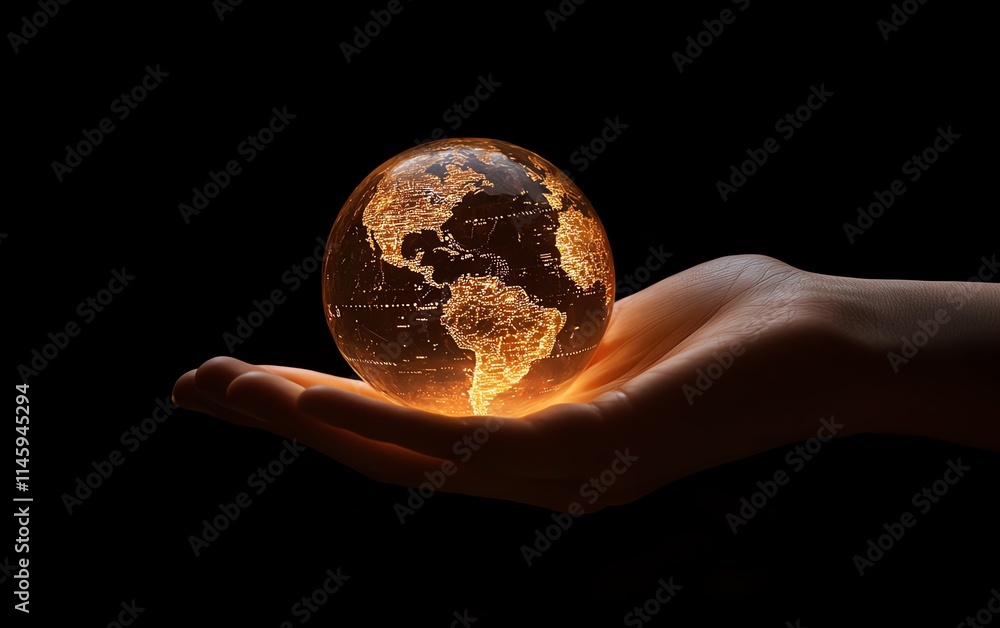 Poster hand hovering over a glowing digital globe, symbolizing global connectivity, data management, and te