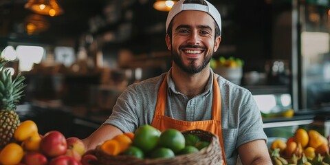 Fototapeta premium Confident restaurant owner in casual attire starts the day by bringing fresh fruits, emphasizing the importance of fresh fruits in a vibrant restaurant environment. Fresh fruits create a lively