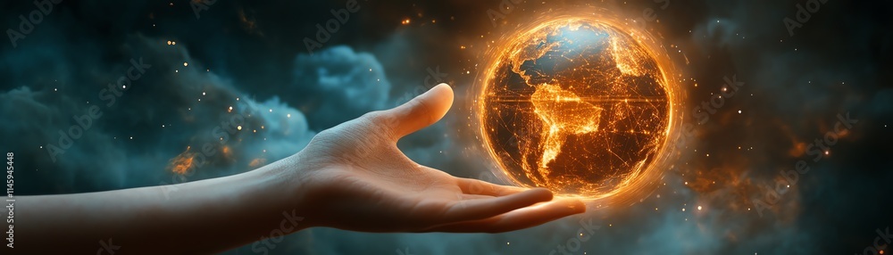 Aufkleber hand interacting with a radiant digital globe, symbolizing the control and navigation of global data