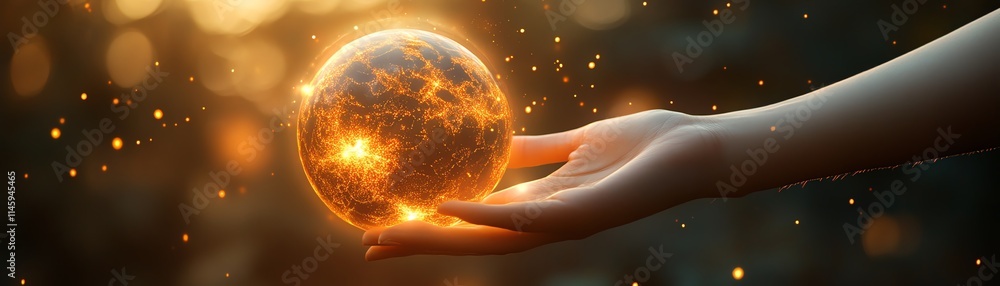 Aufkleber hand interacting with a radiant digital globe, symbolizing the control and navigation of global data