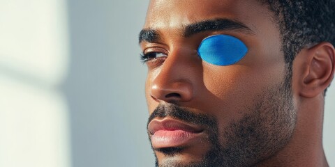 Man using blue under eye patch on a neutral background to enhance skin care. The blue under eye patch offers a refreshing treatment, providing hydration and soothing benefits for tired eyes.
