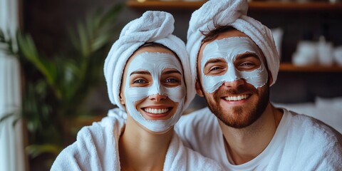 An adult Caucasian couple at home is seen with white towels wrapped around their heads, while also wearing skincare masks for self care and relaxation.