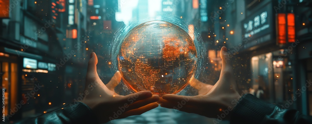 Aufkleber hands cradling a digital globe, surrounded by futuristic holograms and data patterns, symbolizing th