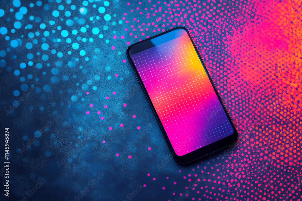 Poster modern smartphone displaying vibrant abstract design on a colorful dotted background, showcasing tec