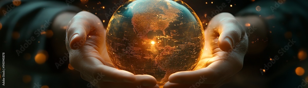 Poster hands gently holding a digital globe, enveloped by futuristic data and holographic projections, symb