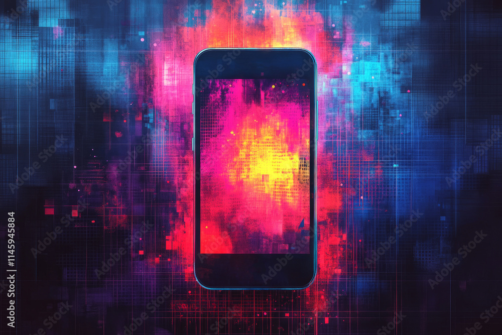 Poster mobile phone displaying colorful pixelated abstract image on digital glitch art style background, co