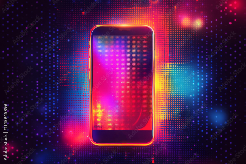 Poster modern smartphone displaying colorful abstract design with vibrant dotted background, representing m