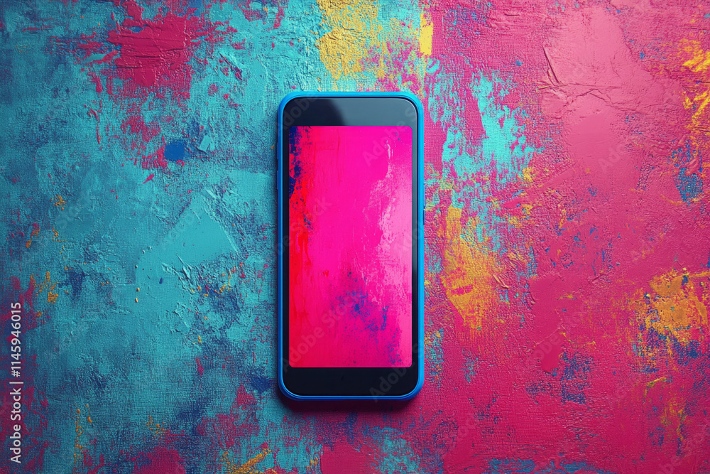 Poster modern mobile phone displaying vivid abstract artwork on a textured, multicolored backdrop