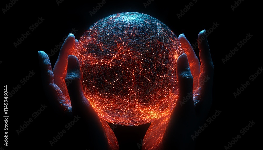 Poster hands grasping a glowing digital globe with interconnected networks, symbolizing unity, technology, 
