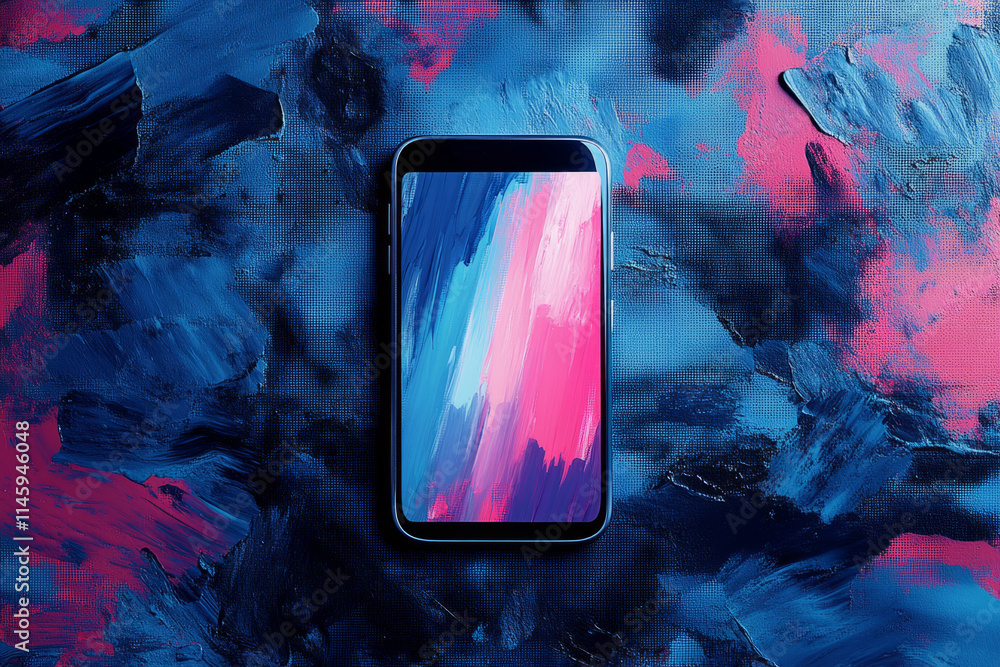 Poster mobile phone displaying colorful brush strokes on textured canvas, merging technology and art