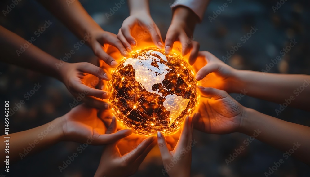 Aufkleber hands grasping a glowing digital globe with interconnected networks, symbolizing unity, technology, 