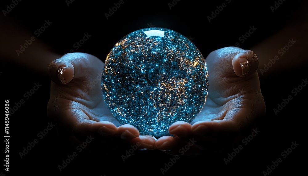 Aufkleber hands gripping a digital globe, surrounded by digital data streams and holographic elements, represe