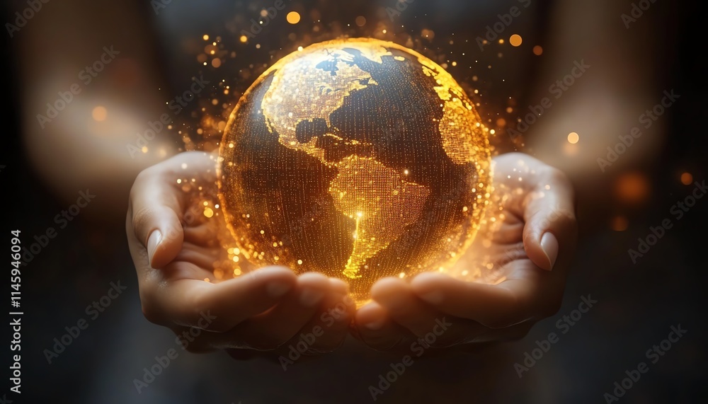 Aufkleber hands gripping a digital globe, surrounded by digital data streams and holographic elements, represe