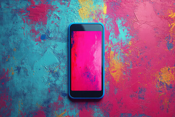 Modern mobile phone displaying vivid abstract artwork on a textured, multicolored backdrop