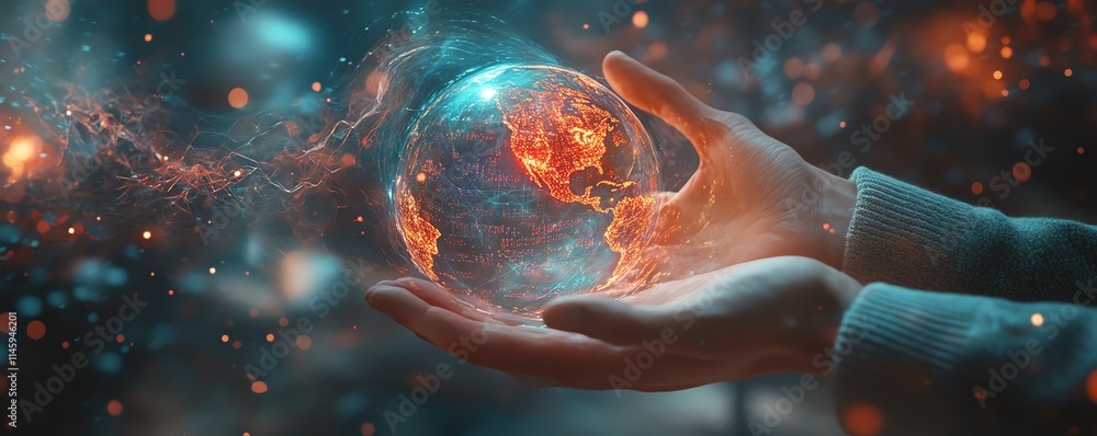 Aufkleber hands holding a digital globe, surrounded by dynamic data streams and holographic projections, repre