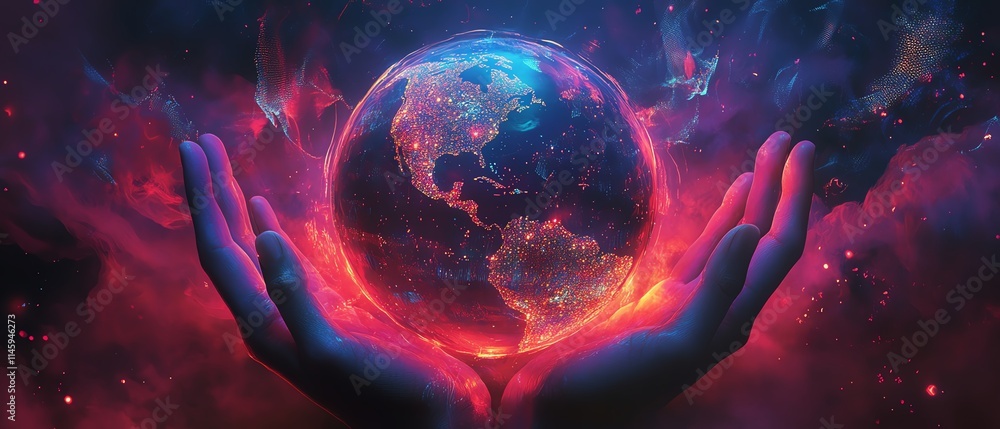 Aufkleber hands holding a digital globe, surrounded by glowing data flows and holographic elements, symbolizin