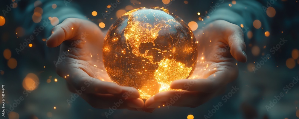 Poster hands holding a luminous digital globe, surrounded by data visualizations and holographic elements, 