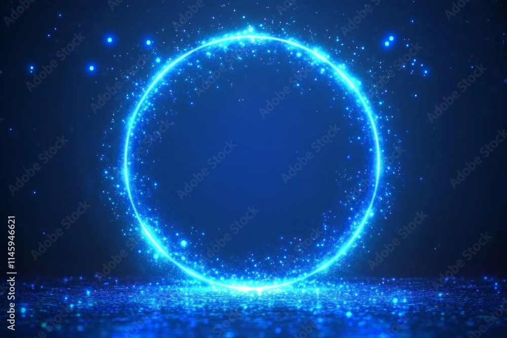 Poster abstract blue glowing particles rotating in a circle on a dark blue background, creating a magical a