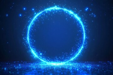 Abstract blue glowing particles rotating in a circle on a dark blue background, creating a magical and futuristic atmosphere