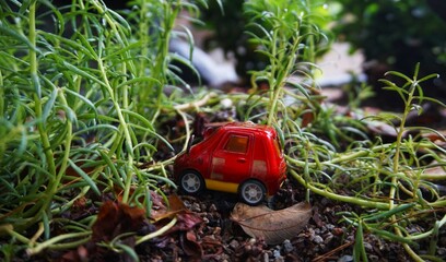 toy car, red toy car photographed on grass and green plants
