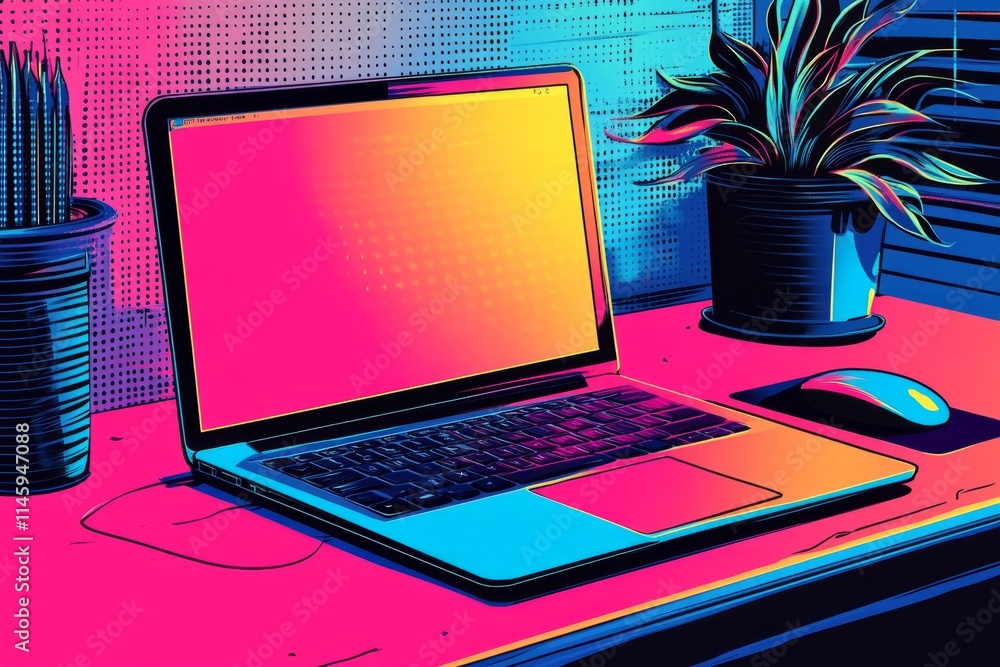 Poster open laptop computer displaying a colorful screen, accompanied by a mouse and potted plant on a desk