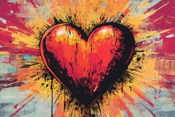 Painting of a red heart exploding with passion and love on colorful grunge background