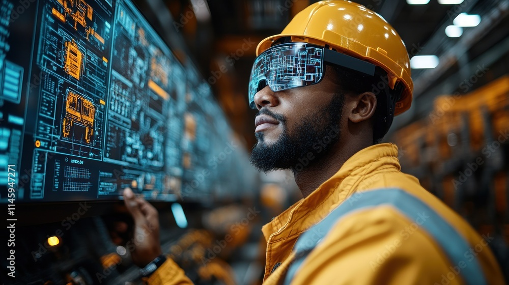 Poster future of industry: a worker utilizing augmented reality for enhanced efficiency