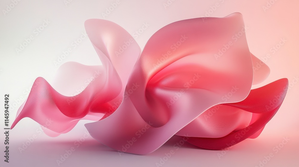 Poster ethereal flowing fabric in soft pink and red hues, abstract composition with smooth curves and gentl