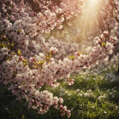 "Create a beautiful banner featuring spring blossoms in full bloom, set against a softly blurred nature background illuminated by warm sunlight. 
