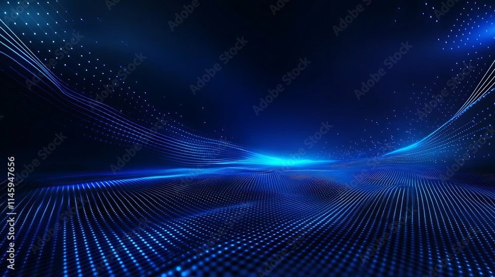 Aufkleber Abstract Blue Waves with Dots and Particle Effect in a Futuristic Digital Space Background