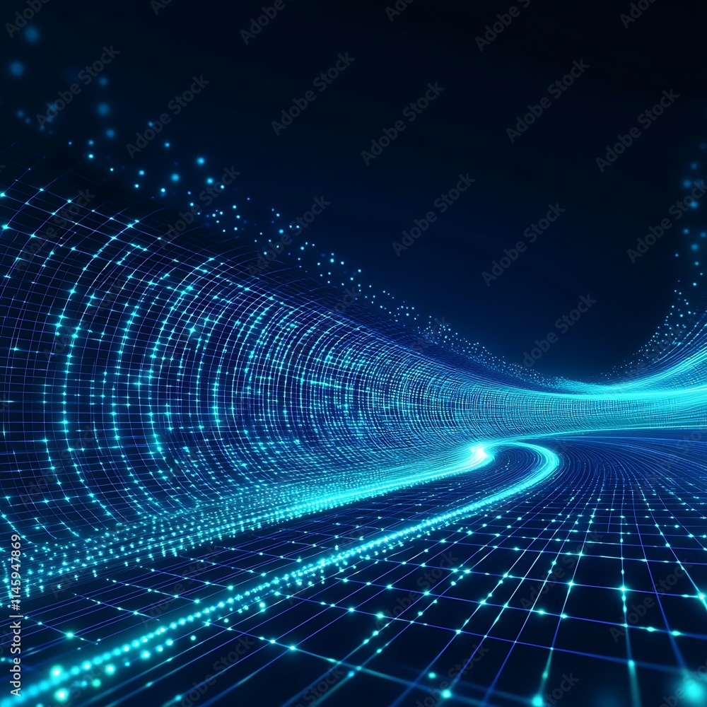 Poster abstract design with flowing lines and glowing dots in a digital blue environment