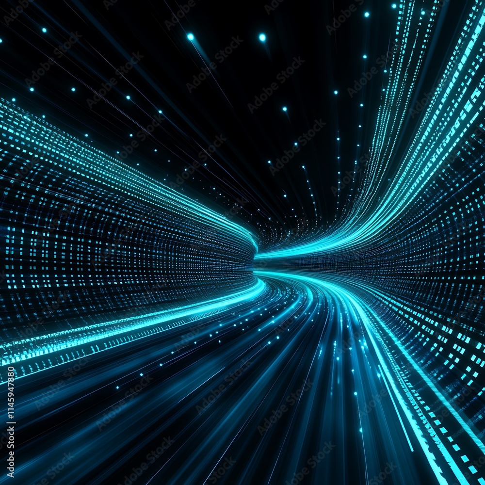Poster abstract digital background with bright blue light trails and creative flowing patterns in 3d space