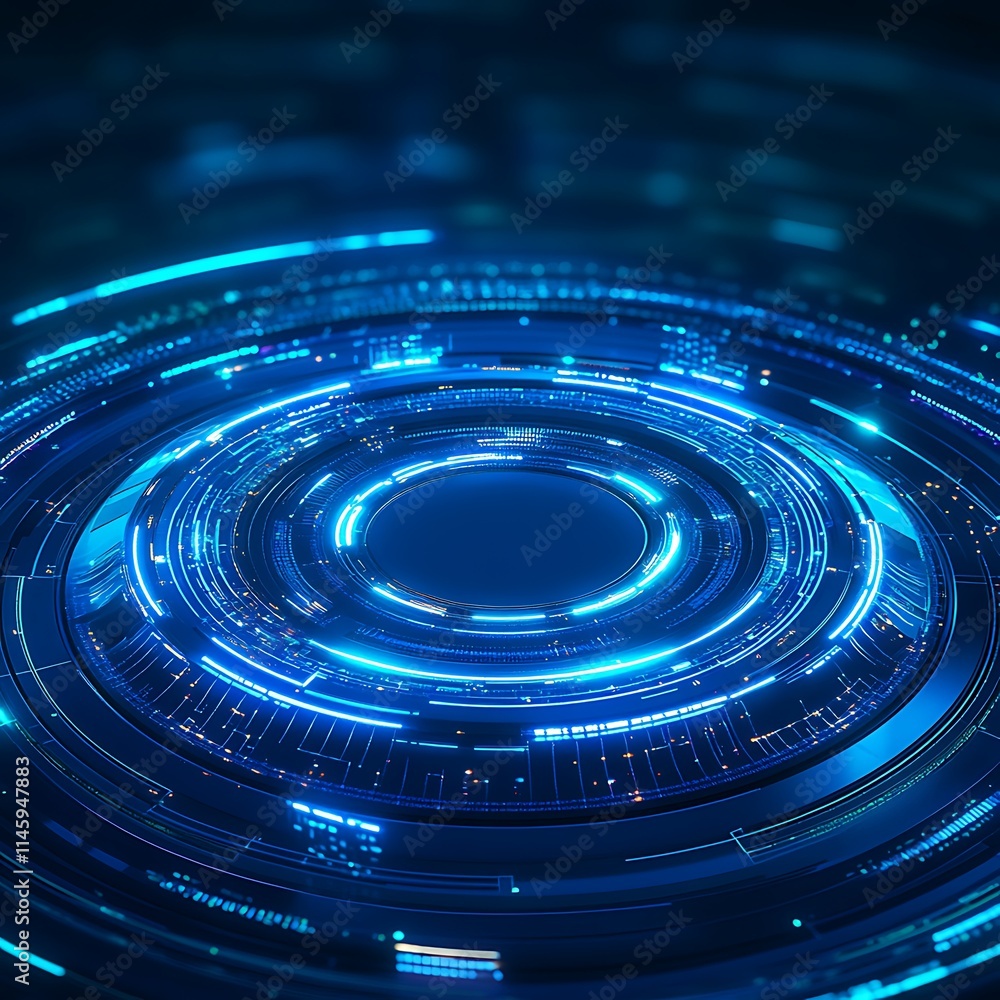 Aufkleber abstract digital background with circular patterns and glowing lines in blue and black tones