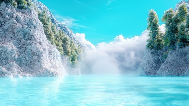 Serene winter lake nestled between snow-capped cliffs, misty atmosphere, turquoise water.