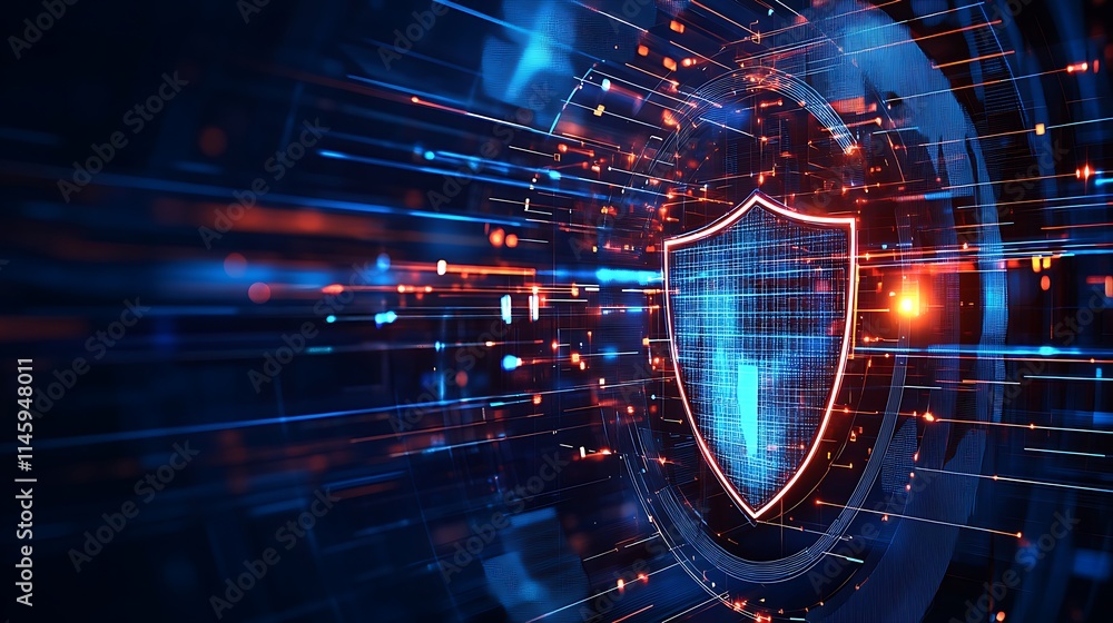 Poster abstract digital background with shield symbol representing cybersecurity and data protection techno