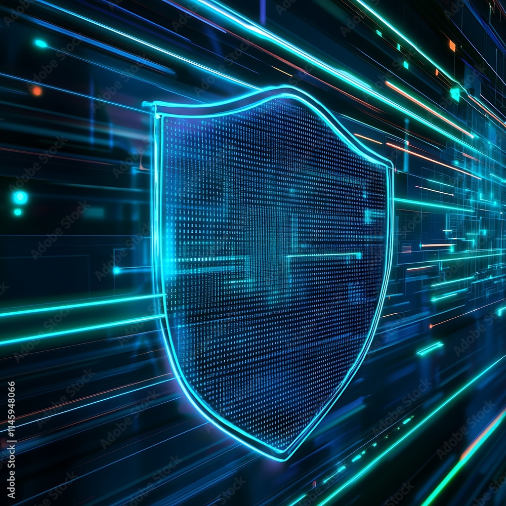 Poster abstract digital background with shield symbolizing cybersecurity and data protection concept