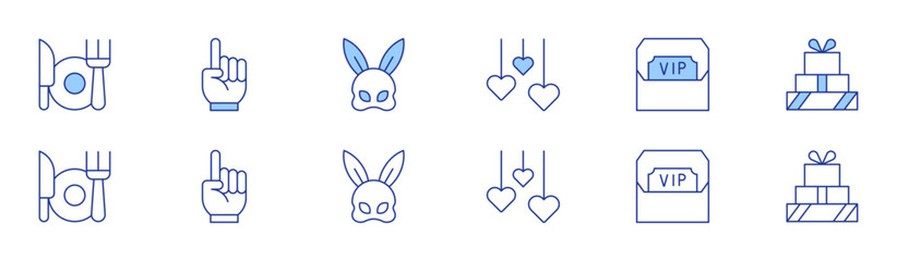 Party icon set in two styles, Duotone and Thin Line style. Editable stroke. decoration, cutlery, vip, gifts, number one, rabbit mask