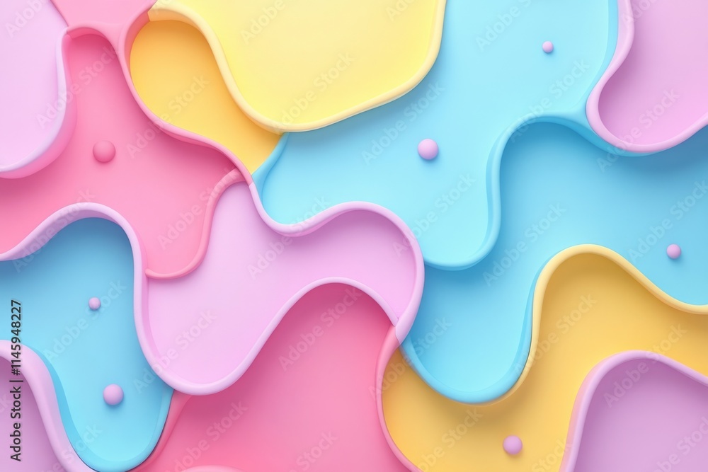 Poster pastel-colored wavy shapes overlap, creating a visually appealing abstract background with small sph