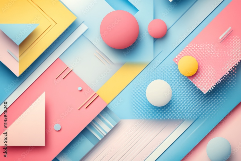 Poster vibrant and playful abstract composition with overlapping geometric shapes, spheres, and pastel colo