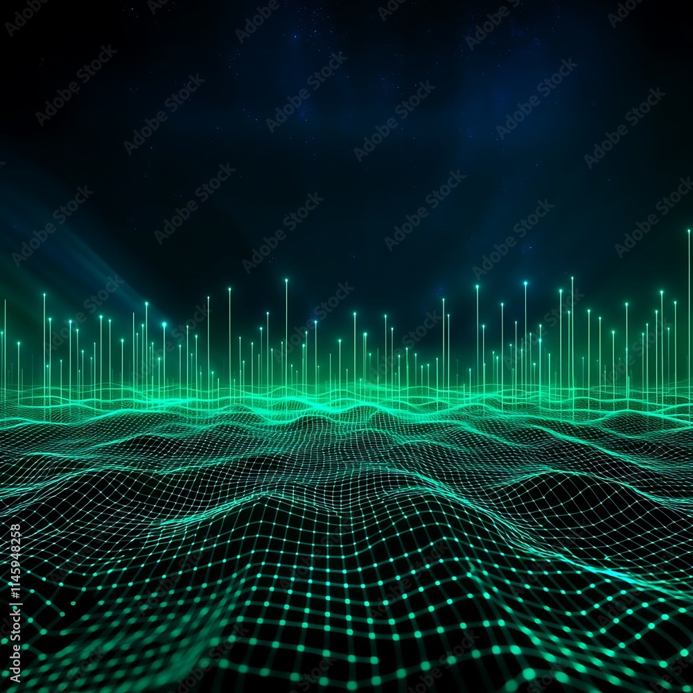 Poster abstract digital landscape with green light waves and data visualization pattern in dark background