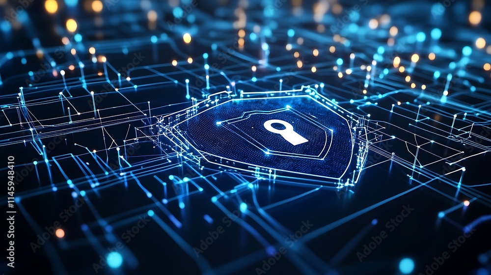 Poster abstract digital security concept with shield symbol and glowing data connections in a futuristic en