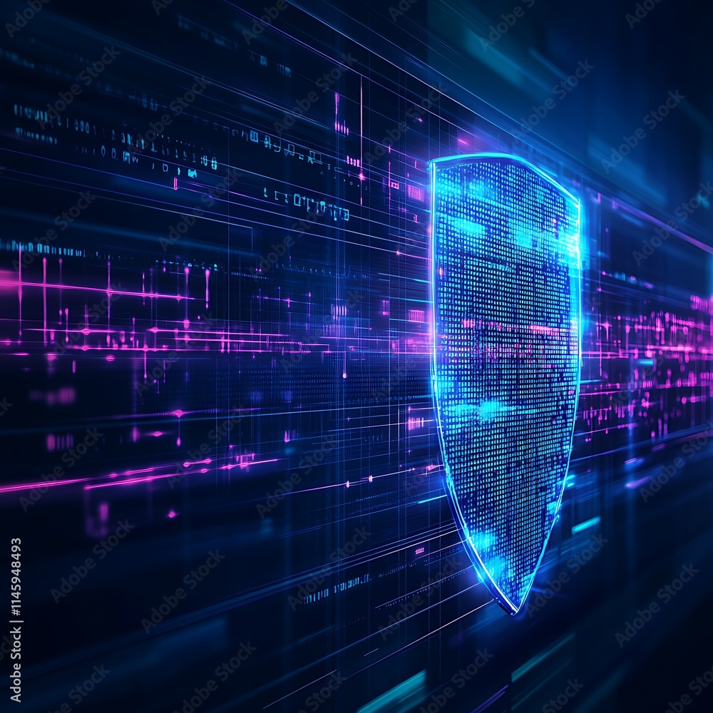 Poster abstract digital shield concept with data streams and glowing lines representing cybersecurity prote