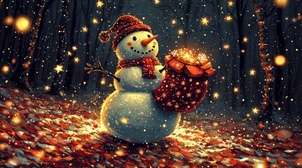 Obraz premium Magical Snowman Carrying a Luminous Gift in a Winter Wonderland