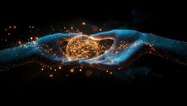 Two hands gently holding a glowing, interconnected digital globe, embodying global cooperation, technology, and shared responsibility for creating a better future