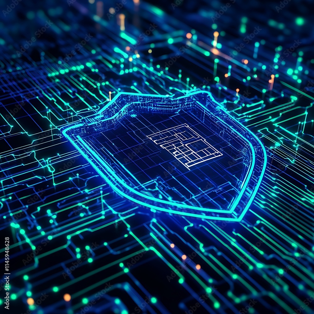 Poster abstract digital shield design on glowing circuit board with neon blue lines and technological eleme