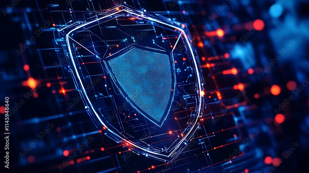 Poster abstract digital shield design representing cybersecurity and data protection with glowing elements 