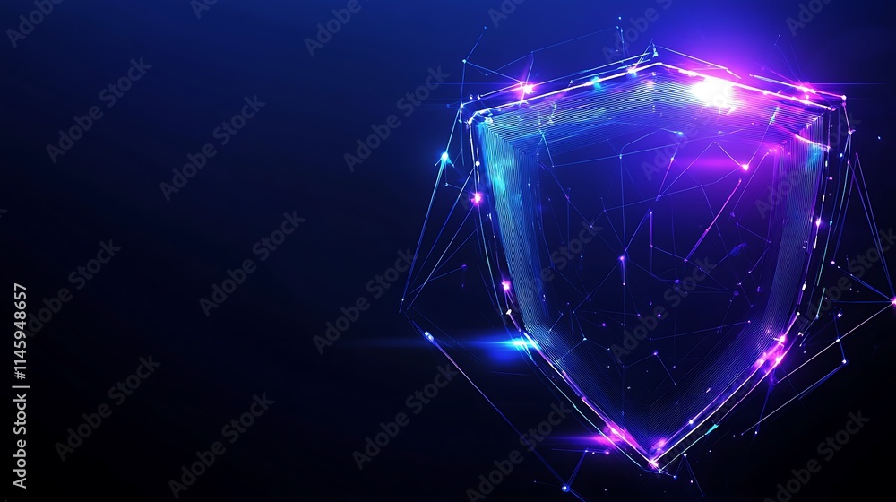 Poster abstract digital shield design with glowing lines and particles on dark background for security them