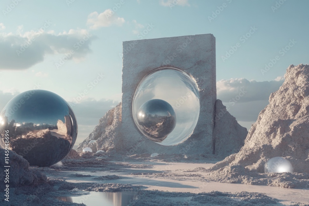 Poster a mirror reflecting a mirror in the desert, with a brief description of the scene and potential use