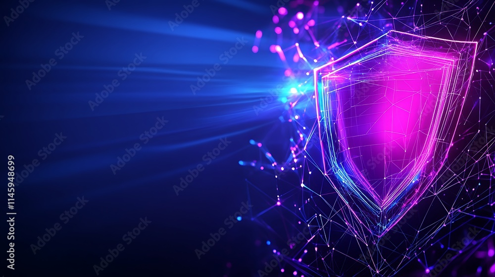 Poster abstract digital shield design with neon colors representing cybersecurity and data protection conce